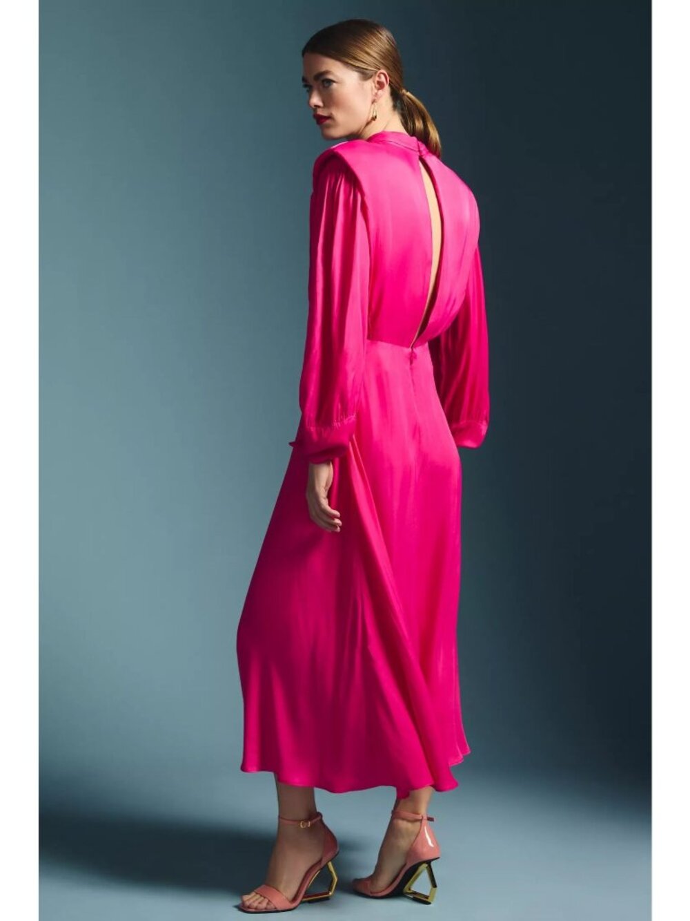Anthropologie Farm Rio Pink Cut Out Shoulder Pad Satin Maxi Dress L NEW - Picture 2 of 15